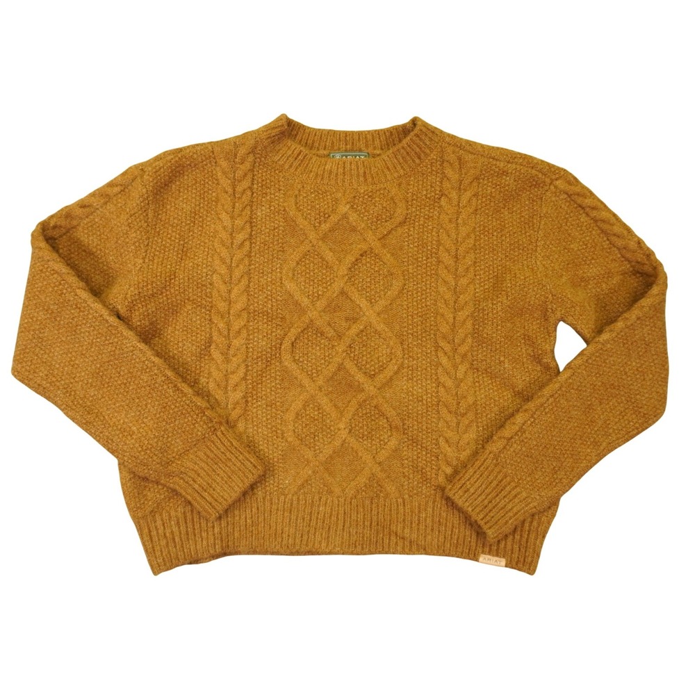 Ariat Sweater Womens L Mustard Yellow Cable Knit Wool Blend Pullover Fall